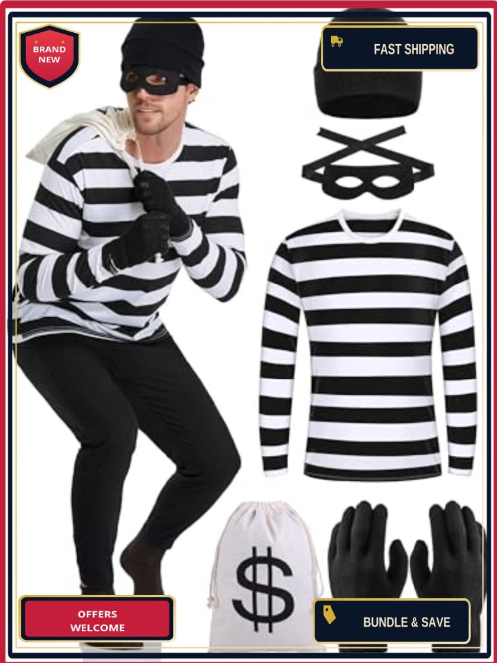 5-Piece Halloween Robber Costume Set Striped Long Sleeve T-Shirt Beanie Gloves